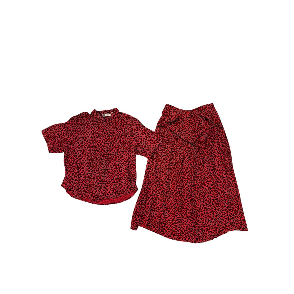 SK & Company Skirt Set Women 16 Red Black Abstract Rayon Vintage 2 Piece